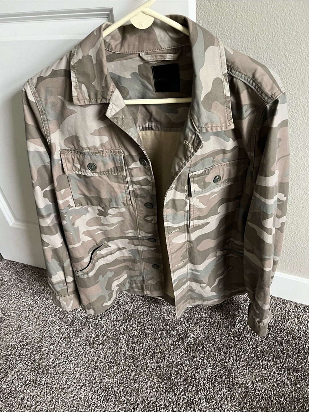 Carly Jean Los Angeles Women's Camo Utility Jacket in Beige & Green